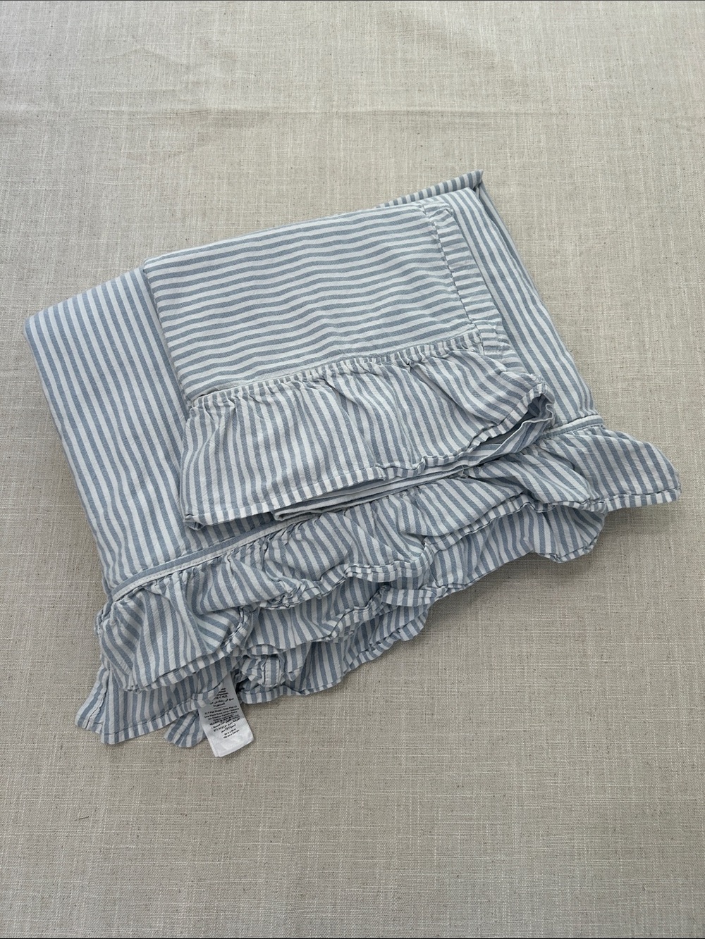 Pottery Barn Teen Washed Cotton Ruffle Stripe XLT Sheet Set Chambray Blue